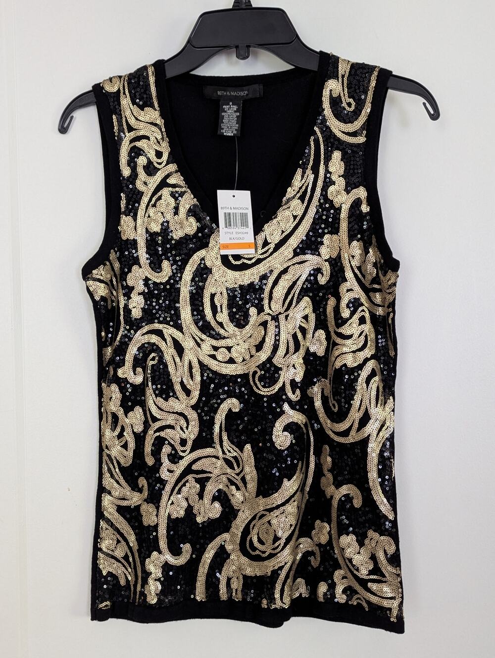 NWT 89th & Madison Small Gold Sequin Black Sleeveless Top Holidays Evening Wear